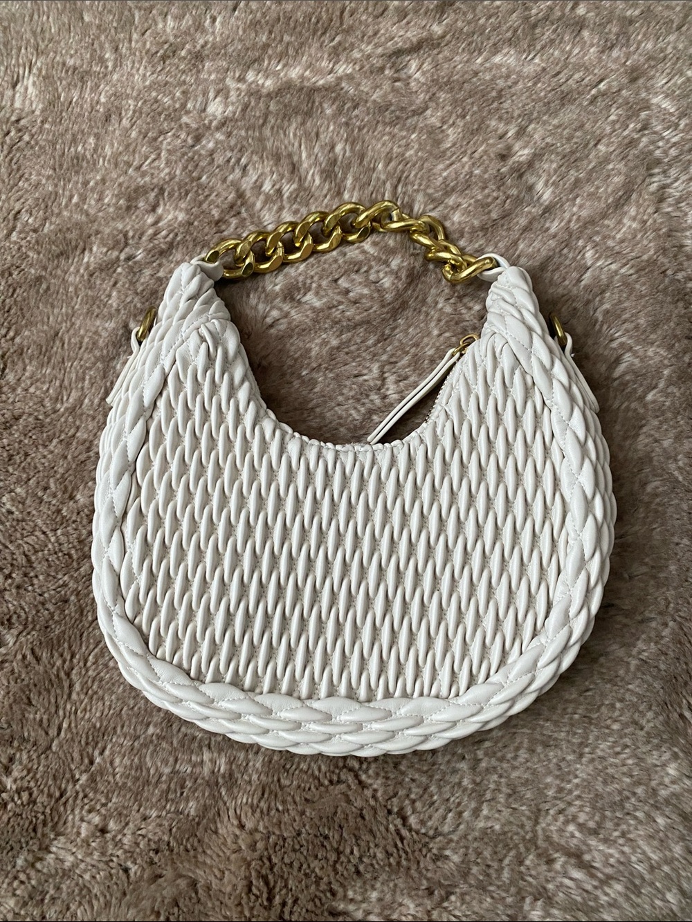 Rachel Zoe White Woven Crescent Shoulder Bag with Gold Chain Handle
